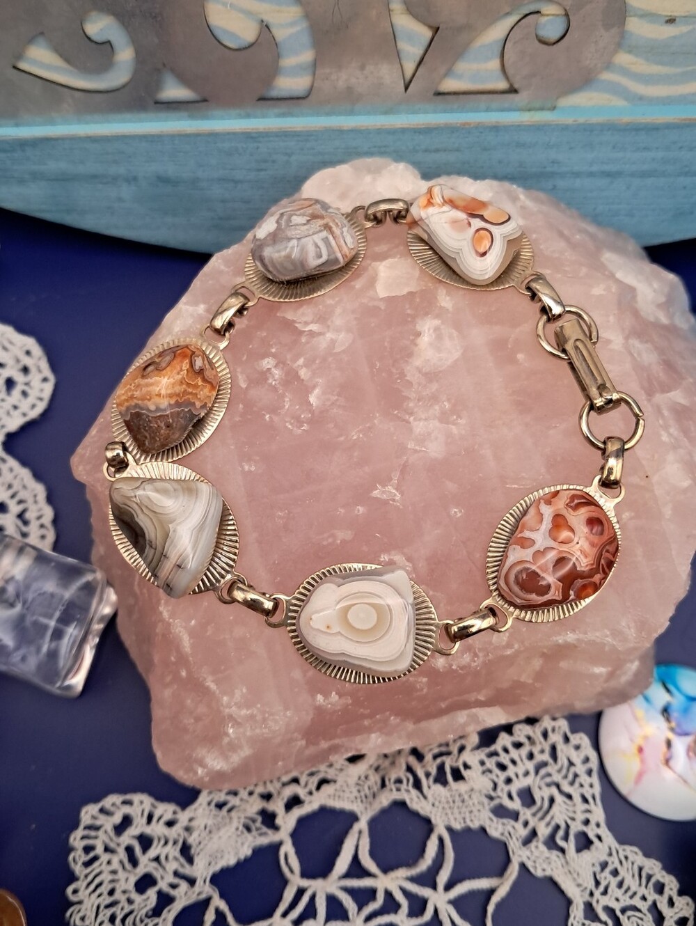 Vintage Natural Agate Stone Link Bracelet (Silvertone)